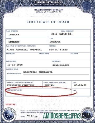 Certidão de Óbito do Departamento de Saúde dos EUA, Texas exemplo